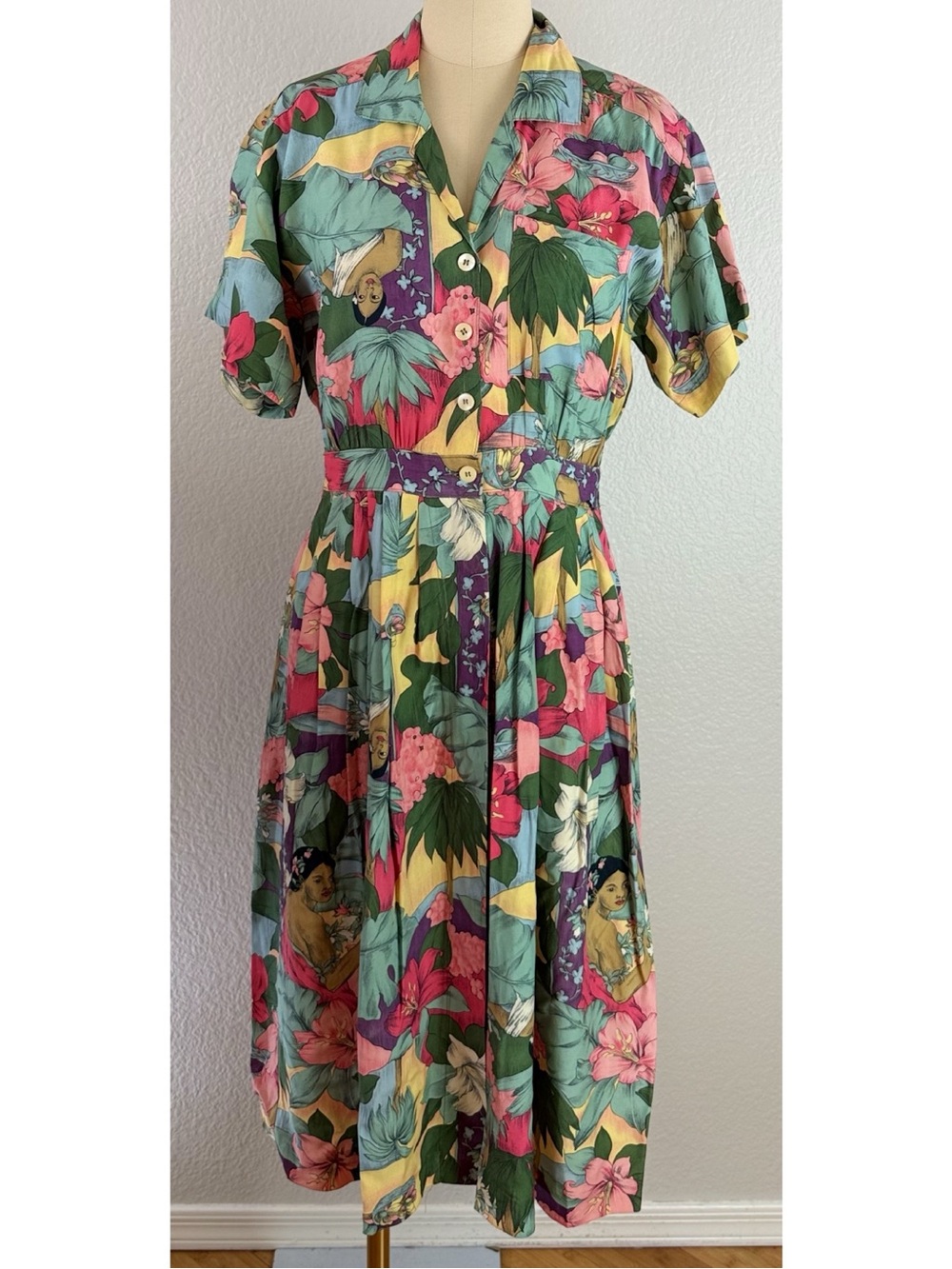 Carol Anderson Vtg 80s Tropical Flowers Lady Print Button-Front Midi Dress Small